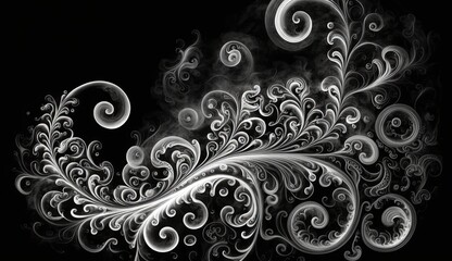 AI-generated illustration of baroque curves and curls of white smoke on a black background. MidJourney.