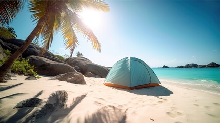 Glamping. A camping tent on the beach with a beautiful view, white sand, ocean, sea and palm trees. Concept of tourism and hiking. Сreated with Generative AI