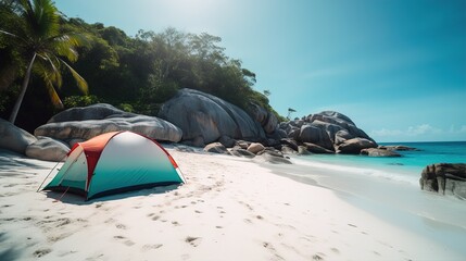Glamping. A camping tent on the beach with a beautiful view, white sand, ocean, sea and palm trees. Concept of tourism and hiking. Сreated with Generative AI