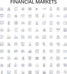 Financial markets outline icons collection. Finance, Markets, Investing, Securities, Equities, Bonds, Trading vector illustration set. Stocks, Derivatives, Commodities linear signs
