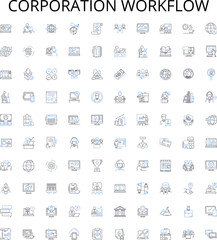 Corporation workflow outline icons collection. Corporate, Workflow, Process, Management, Automation, Systems, Analysis vector illustration set. Data,Productivity,Business linear signs