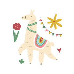 Cute vector poster with llama surrounded by tropical plants in bright color in scandinavian style for your design