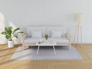 Living room interior in modern style, 3d render with sofa and decorations.