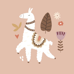 Cute vector poster with llama surrounded by tropical plants in bright color in boho style for your design