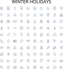 Obraz premium Winter holidays outline icons collection. Christmas, New Year, Snow, Skiing, Reindeer, Elves, Sleigh vector illustration set. Frost, Carols, Hanukkah linear signs