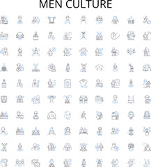 Men culture outline icons collection. Masculinity, Tradition, Identity, Values, Rites, Practices, Habits vector illustration set. Beliefs, Family, Customs linear signs