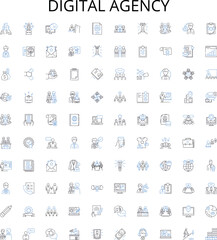 Digital Agency outline icons collection. Digital, Agency, Marketing, Design, Web, Branding, Strategy vector illustration set. Services, Solutions, Online linear signs