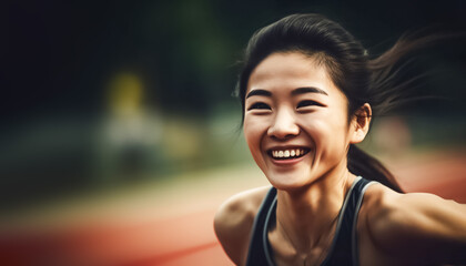 Happy girl, giving her all to win, competes as an athlete in a sports event with her physical prowess and determination. generative AI.