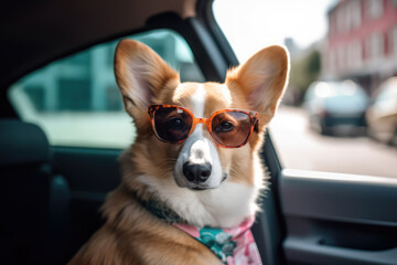 happy Corgi dog with colorful glasses rides in a car on a trip, generative AI