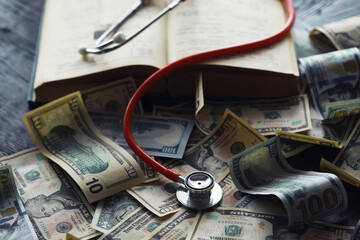 Financial analysis, auditing or business concept. Symbolic image of US Dollar banknotes with...