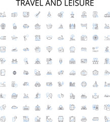 Obraz premium Travel and leisure outline icons collection. Vacation, Tour, Adventure, Sightseeing, Explore, Holiday, Recreation vector illustration set. Exploring, Cruise, Bike linear signs