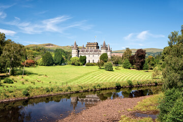 View to Inveraray castle in Scotland on a sunny day. - 593434050