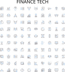 Finance tech outline icons collection. FinTech, Financial, Technology, Banking, Payments, Blockchain, Investing vector illustration set. Credit, Crypto, Analytics linear signs