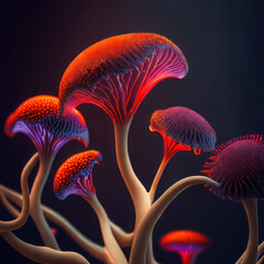 mushrooms in a dark room with red and purple colors.