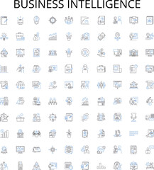 Business Intelligence outline icons collection. Business, Intelligence, Analytics, Data, Mining, Reporting, Warehousing vector illustration set. Visualization, Integration, Governance linear signs