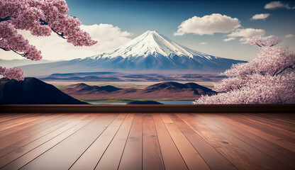wooden floor with Fuji mountain and cherry blossoms in spring, AI generative.