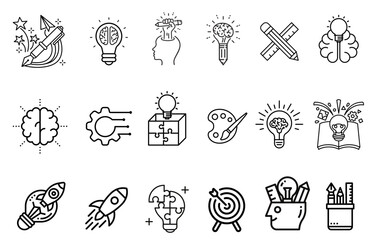 Set simple creativity related vector line icons. Contains Icons like Inspiration, Ideas, Brains and more. 