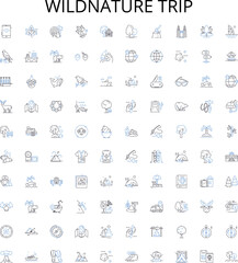 Wildnature trip outline icons collection. Wildnature, trip, hiking, camping, safari, backpacking, bushwalking vector illustration set. trekking, exploring, outdoors linear signs