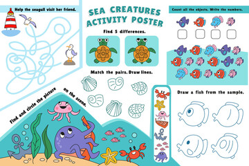 Sea creature activity poster. Connect pairs, maze, find differences, write numbers. Color games for kids in preschool. Cute cartoon characters. 