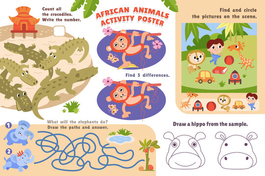 African animals activity poster. Connect pairs, maze, find differences, write numbers. Color page. Games for kids in preschool. Cute cartoon characters.