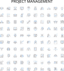 Project management outline icons collection. Planning, Scheduling, Tracking, Executing, Analysis, Organizing, Estimating vector illustration set. Teamwork, Budgeting, Resourceful linear signs