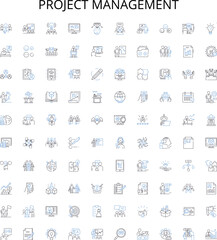 Project management outline icons collection. Planning, Scheduling, Tracking, Executing, Analysis, Organizing, Estimating vector illustration set. Teamwork, Budgeting, Resourceful linear signs