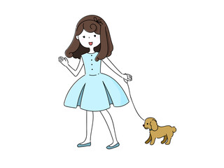 犬の散歩をしている可愛い女の子の手描きイラスト素材