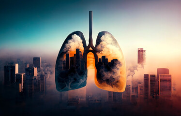 Unhealthy smoker lungs breathing smoke and pollution from an urban city ,respiration problem and Air pollution diseases ,environmental pollution crisis concept