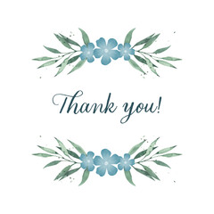Thank you phrase lettering with watercolor drawing leaves and flowers in rustic style. Isolated vector illustration on white background. 