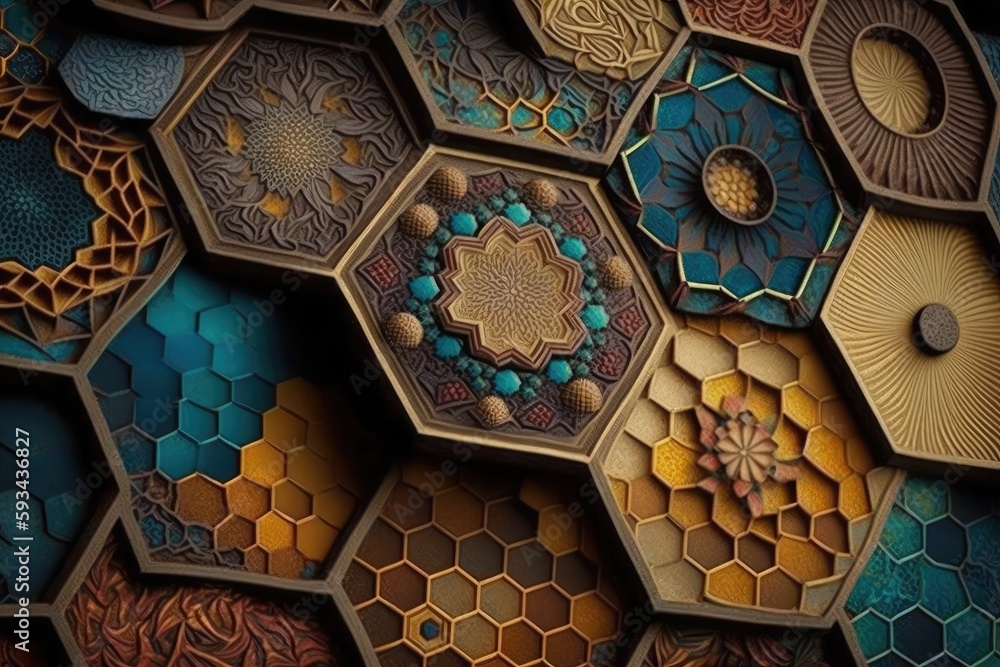 Aufkleber mosaic art abstract background in hexagonal shape. distinct generative ai image.