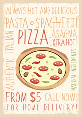 Pizza menu retro style restaurant pizzeria mposter vector design