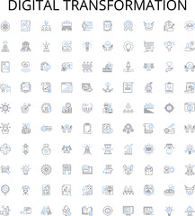 Digital Transformation outline icons collection. digital, transformation, technology, automation, cloud, analytics, artificial vector illustration set. intelligence, online, agile linear signs