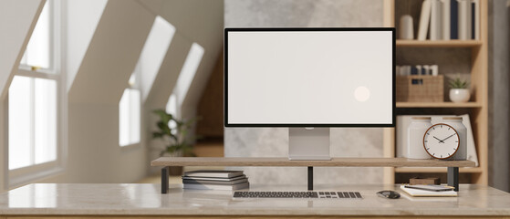 Modern contemporary workspace with computer mockup on computer stand on marble table