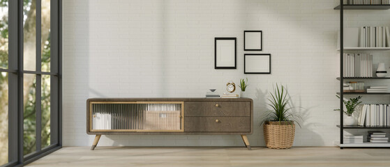 Minimal Scandinavian living room interior design with modern minimal wood cabinet