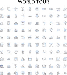 World tour outline icons collection. Travel, Globe, Journey, Circumnavigate, Vacation, Trip, Expedition vector illustration set. Circumvent, Expeditionary, Wander linear signs