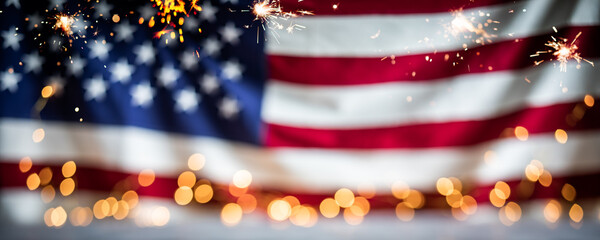 Defocused US flag with bokeh lights and sparklers. Fourth of July Independence Day background