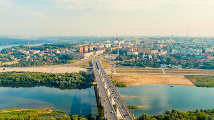 Kaluga, Russia. Entrance to the city center of Kaluga Gagarin interchange and Gagarin bridge, Aerial View