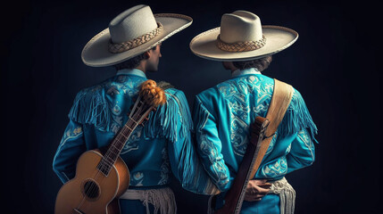 Naklejka premium Mexican Independence. Cinco de mayo. Mexican men wearing traditional mariachi clothing playing guitar. Generative AI.