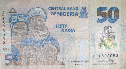 old Nigerian banknote of 50 Niara blue color
