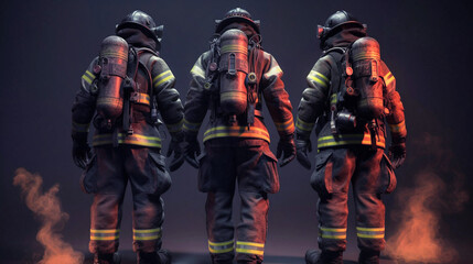 Firemans wearing firefighter turnouts and helmet. Dark background with smoke and blue light. Generative AI