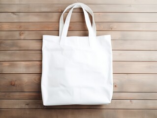 top view blank canvas bag on white wood background, Generative AI