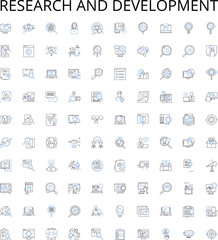 Research and development outline icons collection. Research, Development, Innovation, Adaptation, Experimentation, Advancement, Analysis vector illustration set. Modification, Improvement, Creation