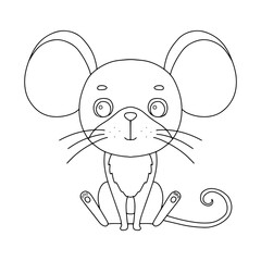 Line cute sitting mouse. Vector outline graphic illustration, character baby mouse isolated on white