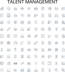 Talent management outline icons collection. Talent, Management, Recruitment, Retention, Engagement, Hiring, Performance vector illustration set. Assessment, Succession, Training linear signs