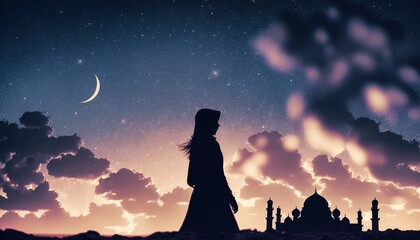 Silhouette of prayer girl and mosque in sunset.Generative AI - obrazy, fototapety, plakaty
