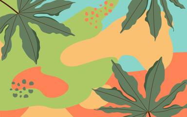 Colorful Abstract summer background with green leaves. Vector image in horizontal view. Postcard in the summer style.