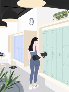 Healthy Lifestyle Concept Illustration
- A woman wearing workout clothes is standing in front of a gym locker with a yoga mat in her hand.