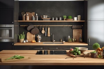 Fototapeta na wymiar Mock up of chalkboard in kitchen interior. Panoramic background with kitchen utensils. Generative AI