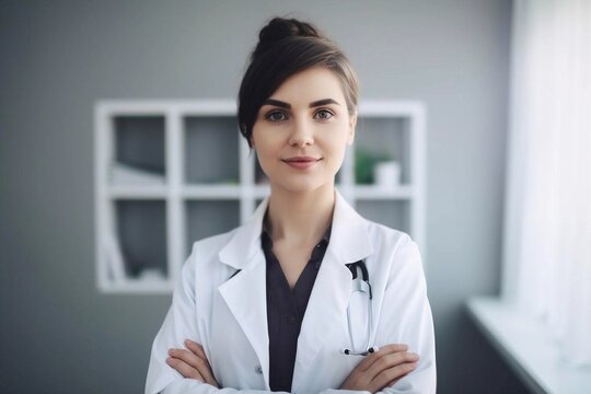 Portrait of a beautiful young girl doctor in a white coat. She looks friendly and smiles. Ai generated