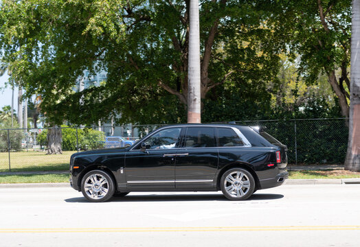 Miami, Florida USA - April 15, 2021: Rolls-Royce Cullinan black car, side view